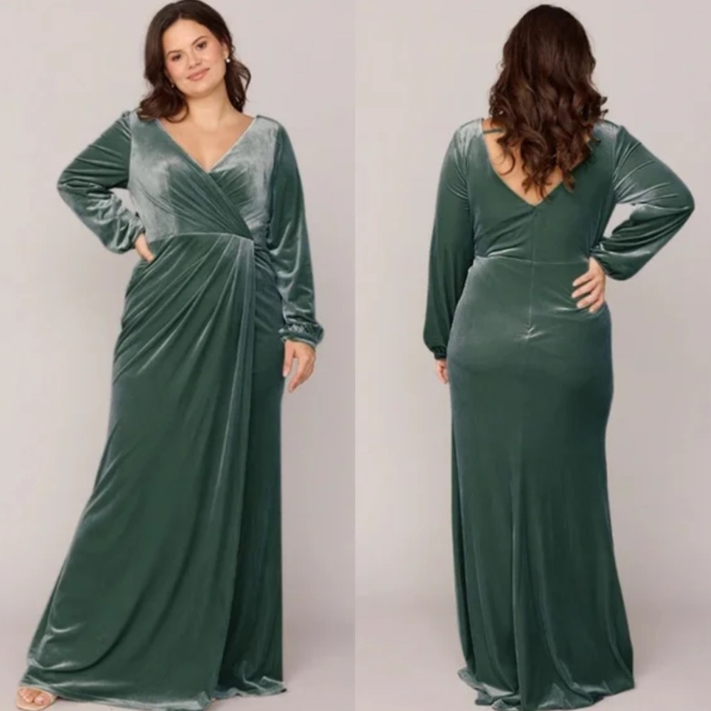 Revelry Vera Velvet Surplice Faux Wrap V Back Long Sleeve Maxi Dress Rosemary